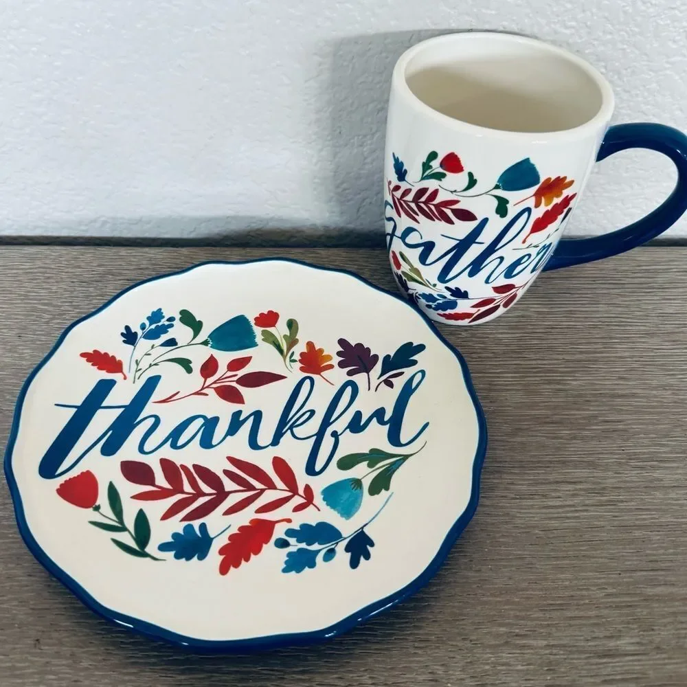 Fall Autumn Gather Thankful Ceramic Serving Plate Coffee Mug Cup Set